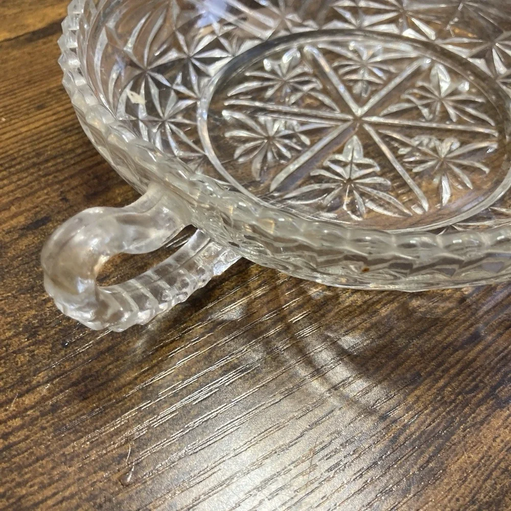 Pressed Glass Clear Handled Candy Dish Starburst Pattern Vtg